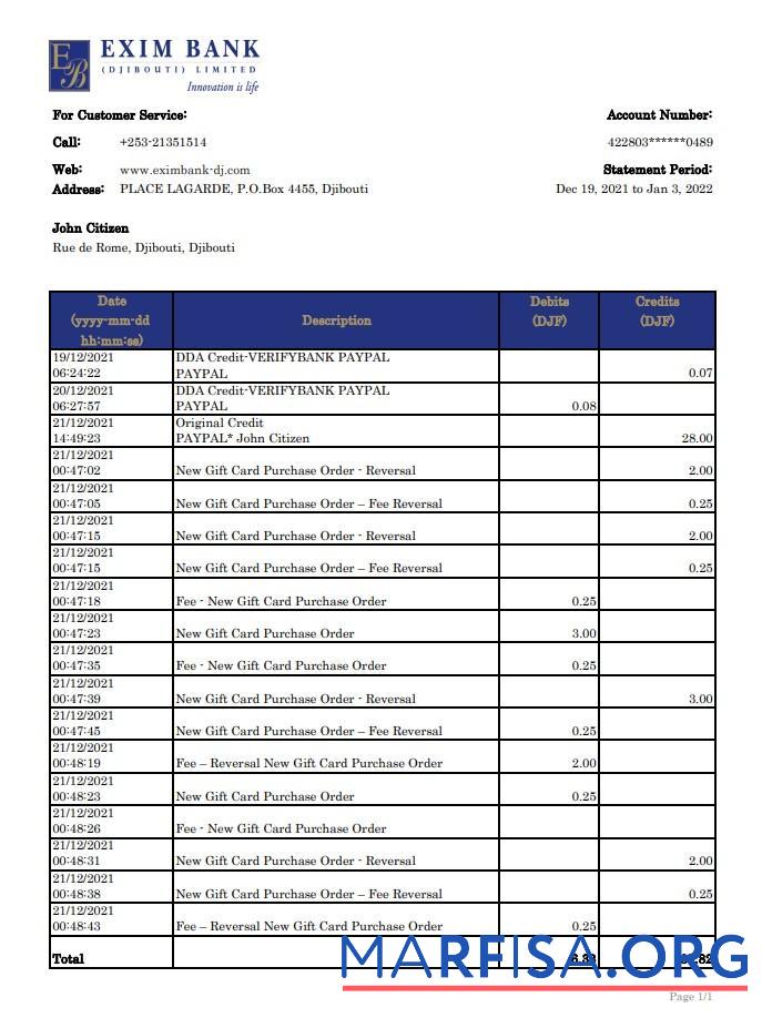 Downloadable Djibouti Exim Bank statement excel sample